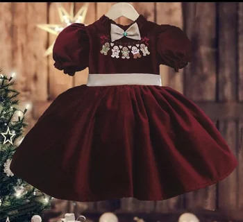 1-12Y Bebek Kız Yaz Bordo Zencefilli Kurabiye Adam Nakış Vintage Türk Prenses Balo Elbise Doğum Günü Bayram Noel