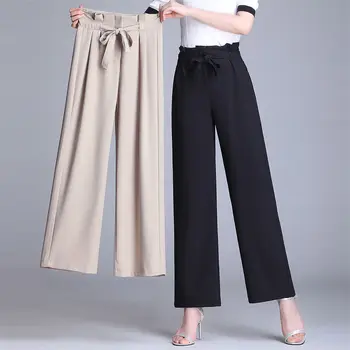 2020 Yeni Yaz kadın Moda İpli Geniş Bacak Pantolon Kadın Rahat Elastik Yüksek Bel Gevşek Pantolon Kırpılmış Pantolon C100