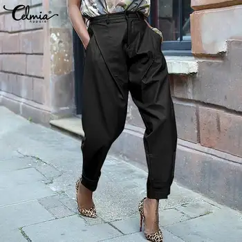 2022 Celmia Sonbahar Yüksek Bel harem pantolon Vintage Kadınlar PU Deri Uzun Pantalon Büyük Boy Rahat Cep Düz Pantolon Streetwear
