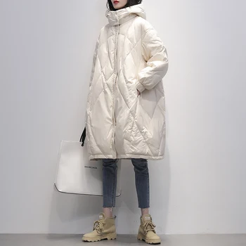 2022 kadın Kış Moda Düz Renk Kapşonlu Palto Kadın Gevşek Beyaz Ördek Aşağı Ceketler Bayanlar Uzun Gevşek Kalınlaşmak Dış Giyim D135
