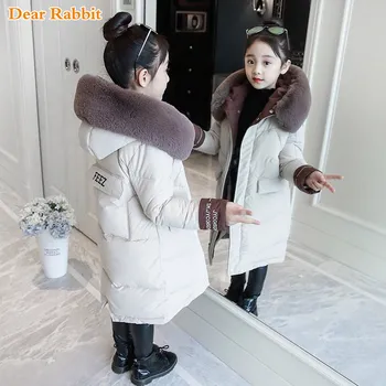 2022 Moda Çocuk Kış aşağı pamuklu ceket Kız giyim Çocuk giysileri Sıcak Kalın parka Kürk Yaka Kapşonlu uzun Palto 3-14Y