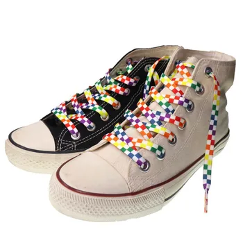 2022 Yeni Ekose Renkli Erkek Kadın Düz Spor Ayakkabı Bağcıkları Polyester Baskı Damalı Şeritler Ayakabı 120cm/140cm / 160cm