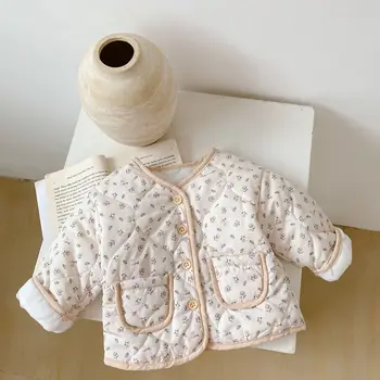 2022 Yeni Kış Yenidoğan Bebek Uzun Kollu sıcak tutan kaban Bebek Kız Çiçek kapitone ceket Kalın Çocuk Hırka Kız Rahat Ceket