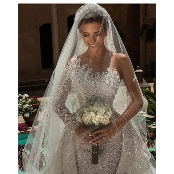 2023 Lüks Mermaid düğün elbisesi Bir Omuz Sevgiliye Aplike Boncuk İnci Ayrılabilir Tren İle Düğün Robe De mariée