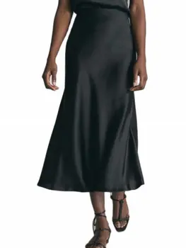 2023 Yeni Bahar Yaz Kadın Moda Yüksek Bel Saten Etekler Bayanlar Metalik Renk Uzun Parlak İpek Taklit Midi Gümüş Siyah