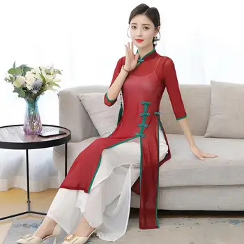 2023 Çin qipao vietnam aodai kadınlar geleneksel takım elbise pantalonları seti şifon elbise ve pantolon takım elbise kadın oryantal elbise seti a76