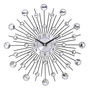 33cm Gümüş Diamante Boncuklu Mücevherli Yuvarlak Sunburst Metal duvar saati Odası Ev Dekor Dıy Büyük Duvar saati Sticker