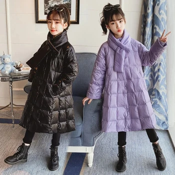 6-14 Yıl çocuk Aşağı pamuklu ceket Kızlar İçin Katı Uzun Kalın Giyim Eşarp İle Kış Çocuk Giyim Kızlar İçin 8 10 12