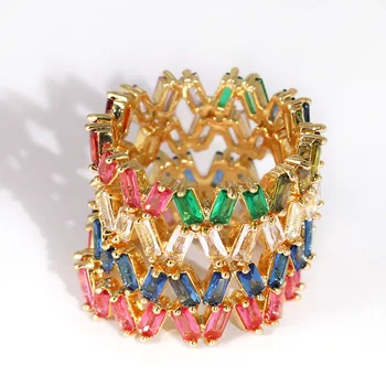 AOTEMAN Altın Dolgulu moda takı Gökkuşağı Kare Baget Cz Nişan Yüzüğü Kadınlar İçin Renkli Kübik Zirkonya Alyans