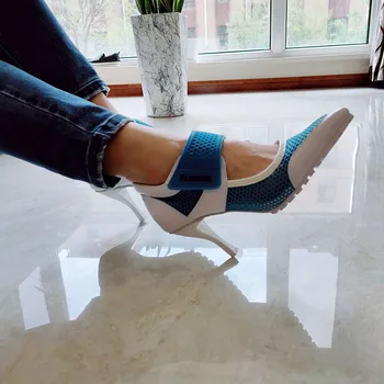 Bahar Pompaları Kadın Ayakkabı Rahat İçi Boş Nefes Yaz Yüksek Topuk 8CM Sneakers Moda Örgü Sivri Burun Slip-On bayanlar Ayakkabı
