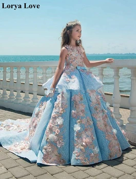 Balo Mavi Çiçek Kız Elbise Düğün İçin Yay İle Kolsuz Ruffles İlk Communion Elbise Prenses Pageant Törenlerinde
