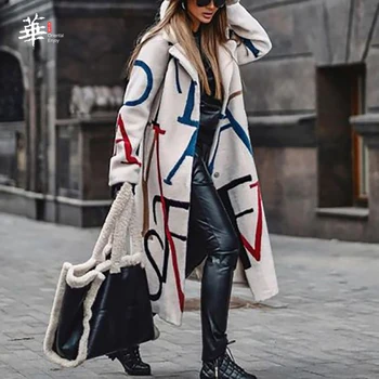 Baskılı Yünlü Kumaş Ceket Uzun Palto Kadınlar için Kış için Moda Ceket Rahat Yatak Açma Yaka Uzun Ceket