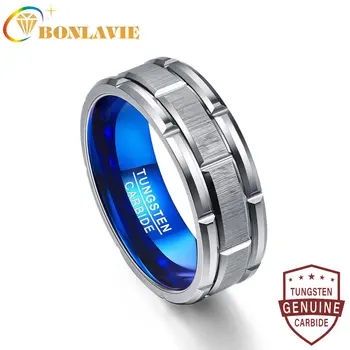 BONLAVIE benzersiz Nişan yüzüğü kombinasyonu halka delik mavi 8mm geniş tungsten çelik yüzük boyutu 7-12
