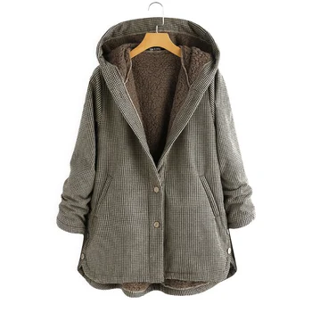 Ceket Sonbahar Ve Kış Yeni kadın Ekose Gevşek Artı Kadife Düğmeleri Yüksek Sokak Kapüşonlu Ceket Manteau Femme En*