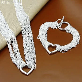 DOTEFFIL 925 Ayar Gümüş Çok Zincir Kalp Kolye Bilezik Seti Kadınlar İçin Düğün Nişan Parti Moda Charm Takı