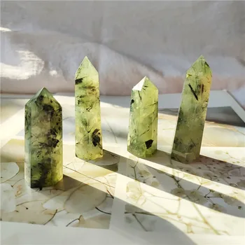 Doğal Taş Prehnit Kristal Altıgen Değnek Tek Nokta Yeşil şifa taşı Kulesi Dekorasyon İçin
