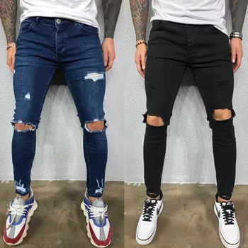 Erkek Kot Diz Delik Yırtık Streç Skinny Denim Pantolon Düz Renk Siyah Mavi Sonbahar Yaz Hip-Hop Tarzı Slim Fit Pantolon S-4XL