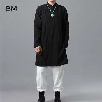 Erkekler Çin Vintage Moda Casual Uzun Gömlek Standı Yaka Uzun Kollu Gömlek Giyim Kung Fu Elbise Erkek