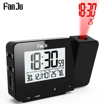 FanJu Projeksiyon çalar saat Masa Masa Saati Dijital Sıcaklık Nem Erteleme Fonksiyonu ile USB Şarj Zaman Projeksiyon