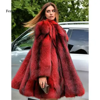 Fengguılaı Kış sahte Tilki Kürk Ceket Kadınlar Tüm Cilt Orijinal Fox Kürk Kadın Ceket Uzun Turn-aşağı Yaka Lüks Kürk Ceket
