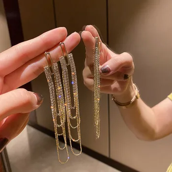 FYUAN Katmanlı Uzun Püskül Rhinestone Küpe Kadınlar için Bijoux Geometrik Kristal Dangle Küpe Bildirimi Takı