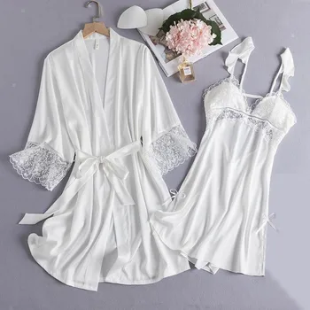 Gelin Dantel Bornoz Seti Beyaz Kadın Saten Kimono Robe elbise uyku tulumu Yaz 2 Adet Pijama Gecelik Sleepshirt Ev Giysileri