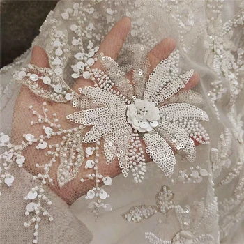 High-End Lüks Sequins Boncuklu Nakış Kumaş düğün elbisesi çocuk Elbise Etek Kostüm DIY El Yapımı Çiçek Dantel Kumaş