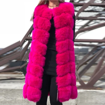 HJQJLJLS 90 Cm Taklit Kürk Yelek 2021 Kış Kadın Kalın Sıcak Faux Fox Kürk Kolsuz Uzun Ceket Kadın Suni Kürk Ceket