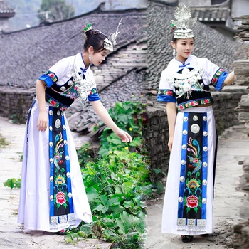 Hmong Giysileri Kadınlar için Çin Halk Dans Butik Etnik Tarzı Nakış Miao Şapka Şapkalar dans kostümü Yetişkin Bayanlar