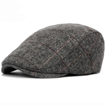 HT1329 Bereliler Erkekler için Sonbahar Kış Erkek Kap Yün Bere Şapka Retro Ekose Gelişmiş Düz Sarmaşık Kap Klasik Vintage Çizgili Bere Kap