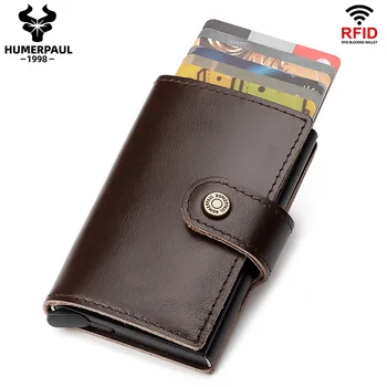 HUMERPAUL Inek Derisi Deri Ince Erkek kredi kartlıklı cüzdan RFID Engelleme Minimalist Alüminyum Alaşımlı Iş Banka Kartı Durumda