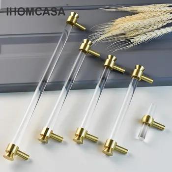 IHOMCASA 2022New Modern Akrilik Kristal Mobilya Kolları Dolap Dolap Dolap Çeker Çekmece Kapı Kolları Mutfak Altın Pirinç
