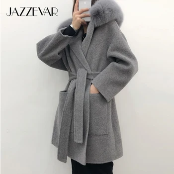 JAZZEVAR 2020 kış ceket Casual Kadınlar Gerçek Tilki Kürk ceket Kaşmir çift yüzlü Yün Giyim Bayanlar büyük boy kapşonlu palto