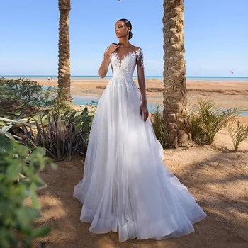 Jiayigong Yaz Glitter düğün elbisesi gelin kıyafeti Illusion Uzun Kollu Dantel Scoop Boyun Bir Çizgi Gelin Elbiseler Vestidos De Novia