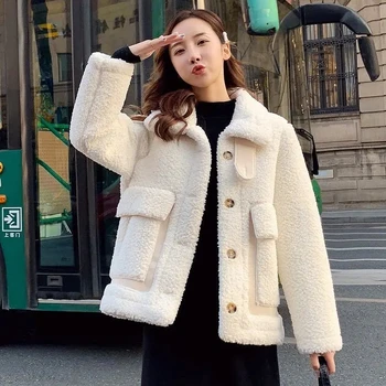 Kalın Kuzu Yün Oyuncak Ceket Kadın Kore Tarzı Sıcak Kabarık Ceket Sonbahar Kış Kürklü Kaşmir Ceket Büyük Cep Faux Kürk Palto