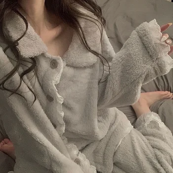Kore Sıcak Pijama Setleri Kadın Dantel Mercan Polar Kürklü Basit Pijama Rahat Nighty Tatlı Kız Retro Gecelik Ev Giysileri