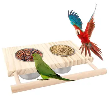 Kuş Oyun Standları Besleyici Bardak Ahşap Asılı Papağan Besleyici su kasesi Paslanmaz Çelik Oluk Braketi İle Evcil Hayvan Besleme Malzemeleri