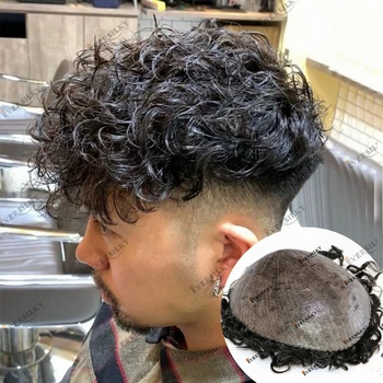 Kıvırcık insan saçı erkek Peruk Doğal Saç Çizgisi 130 Yoğunluk Hint Remy Saç Cilt Tabanı Kılcal Protez Sistemi Peruk