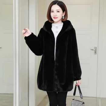 Kış Kadın Vizon Ceket Kore Moda Gevşek Kapşonlu Fermuar Faux Kürk Ceket Kalın Sıcak Peluş Anne Kadife Kürk Palto Artı Boyutu