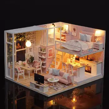 LED Minyatür Bebek Evi dıy büyük bebek evi ahşap bebek evleri mutfak minyatür El Yapımı El Sanatları Oyuncak Noel Hediyesi