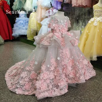 Lüks Çiçek Kız Elbise balo elbisesi 3D Çiçekler Aplike Dantel Prenses Pageant Elbise Çocuk Doğum Günü parti giysileri