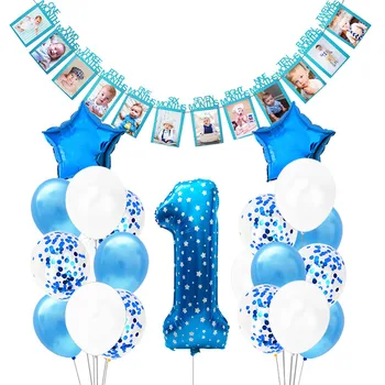 Mavi 1 Balonlar Set Kağıt Ay Fotoğraf Afiş 1st Mutlu Doğum Günü Partisi Süslemeleri Ilk Erkek Bebek Benim 1 Bir Yıl Malzemeleri