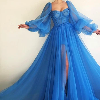 Mavi balo kıyafetleri Sevgiliye Aplikler Uzun Puf Kollu Tül Ön Bölünmüş Arapça gece elbisesi Korse Parti Elbise 2022