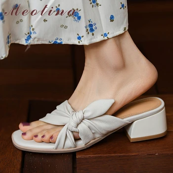 Meotina Kadın Hakiki Deri Sandalet Orta Topuk Ayakkabı Kare Ayak Pilili Kalın Topuklu kadın ayakkabıları Yaz Kayısı Bej 33-43