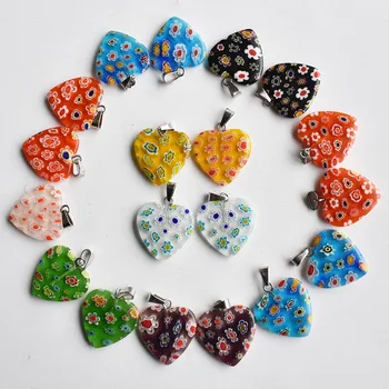 Moda karışık renkler kalp çiçek lampwork sırlı cam kolye küçük charm kolye kolye DIY takı yapımı için 30 adet