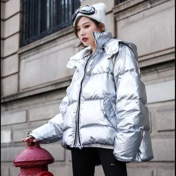 Moda Yastıklı Parkas Kadın Kış Ceket Uzun Kollu kapüşonlu parka Mont Metalik Gümüş Parlak Aşağı Ceket Sıcak Palto