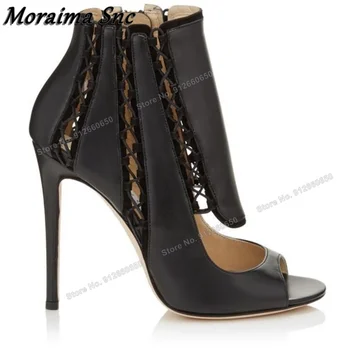 Moraima Cut Out Yan Fermuar Hollow Çizmeler Kadınlar için Peep Toe Siyah Sandalet Çizmeler Moda Pist Ayakkabı Yeni Düğün Ayakkabı Topuklu