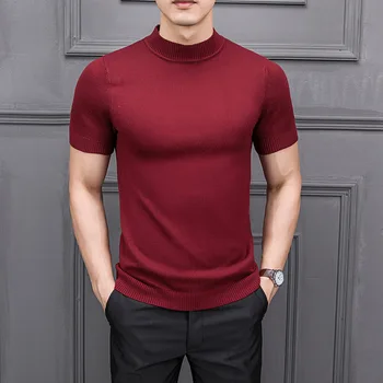 MRMT 2022 Marka Yeni Sonbahar erkek T Shirtpure Renk Yarı yüksek Yaka Örgü Erkek Yarım kollu Kazak Tops