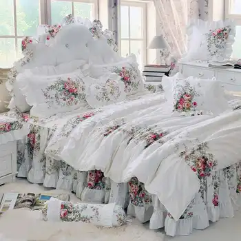 Pastoral Prenses Bej nevresim takımı Lüks Kore Tarzı Çiçek Baskı Ruffles Nevresim Yatak Etek Yatak Örtüsü Yatak Örtüsü Pamuk
