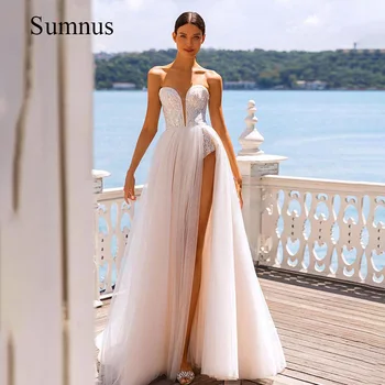 Plaj Sevgiliye Mini düğün elbisesi Payetli Korse Yüksek Bölünmüş Seksi gelin kıyafeti 2022 Yaz Gelinlikler Ayrılabilir Tül Tren